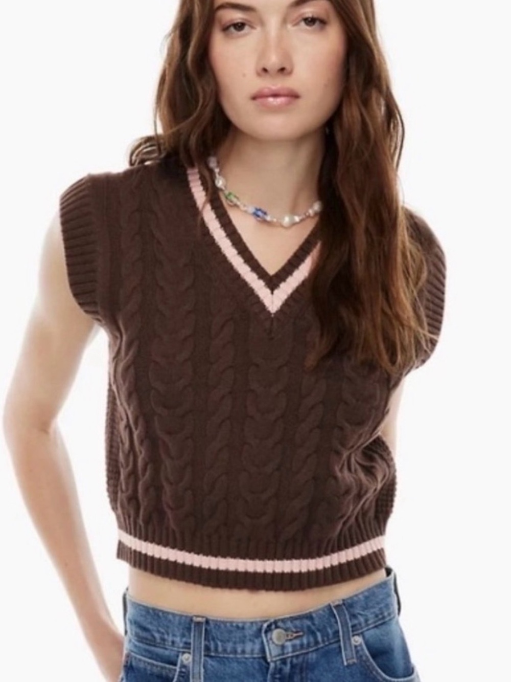 Sunday Best Chocolate Brown Cable Knit V-Neck Sweater Vest with Pale Pink Trim